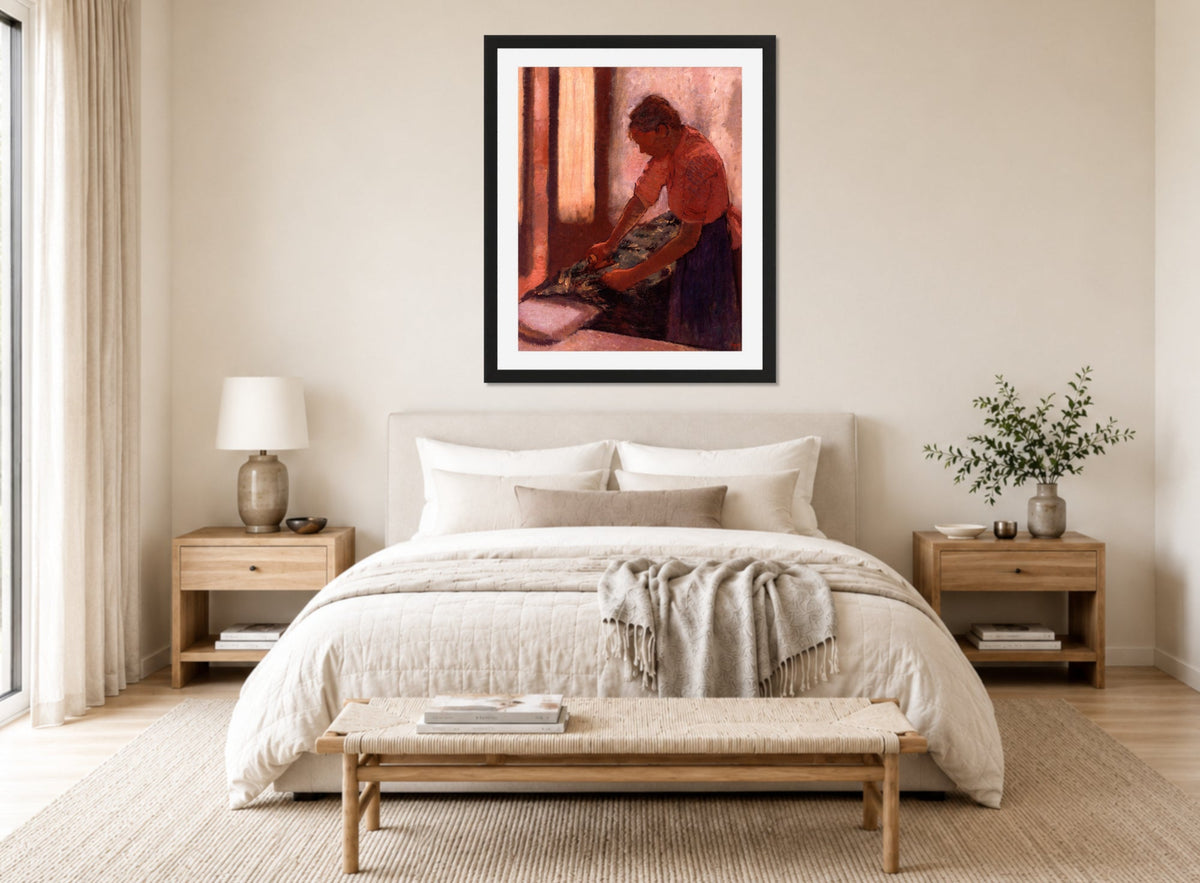 Edgar Degas Print, Woman Ironing (between 1892 and 1895) displayed above a bed
