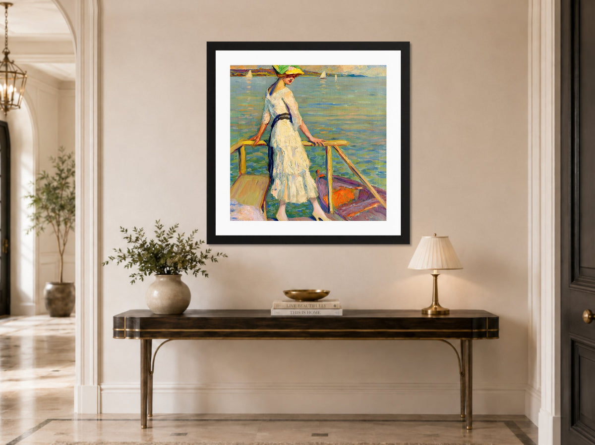 Edward Cucuel Print, Abend am See (1920) displayed above a console table
