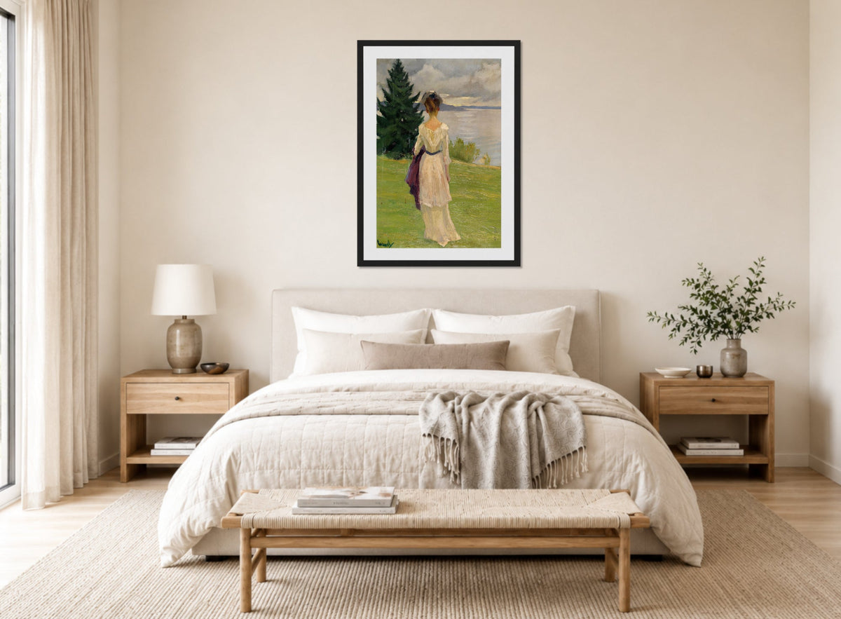 Edward Cucuel Print, After the rain, early (1910) displayed above a bed
