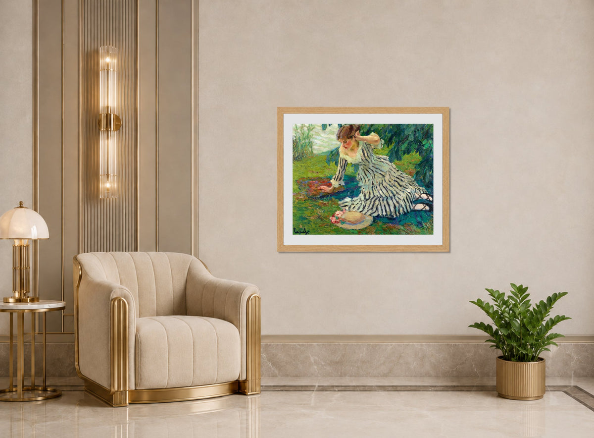 Edward Cucuel Print, After the siesta (1910) displayed in an Art Deco interior