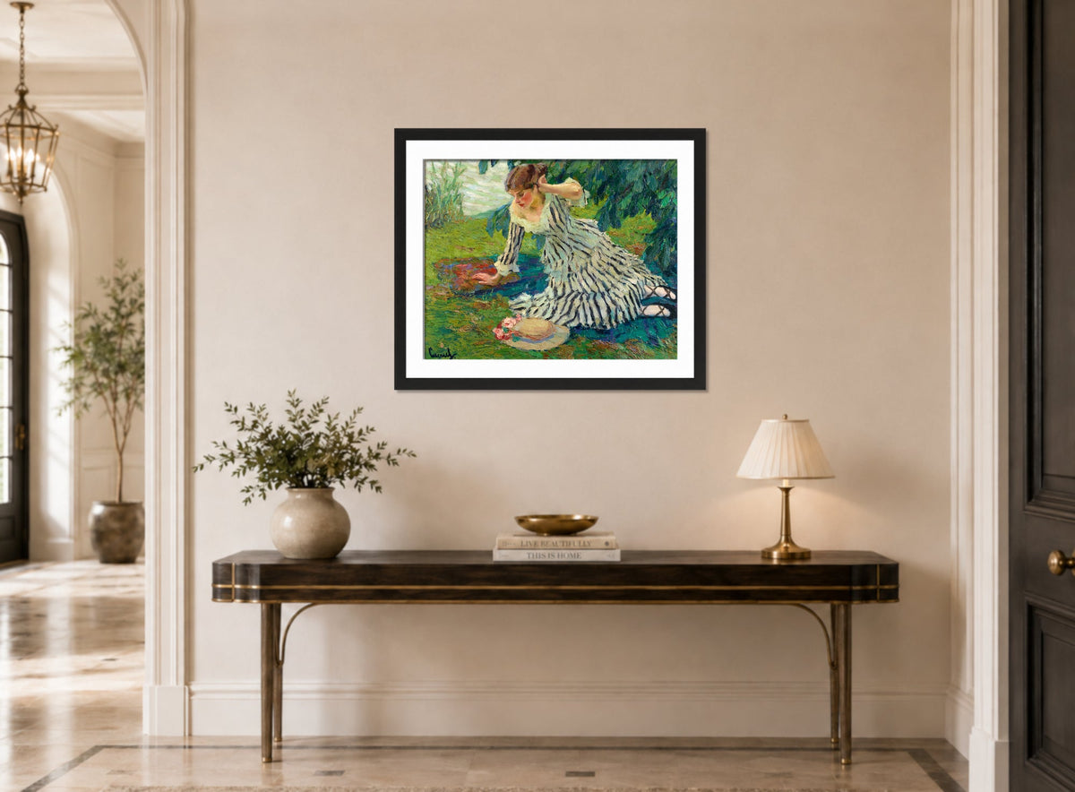 Edward Cucuel Print, After the siesta (1910) displayed above a console table