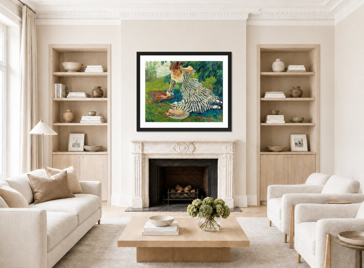 Edward Cucuel Print, After the siesta (1910) displayed in a Scandinavian living room