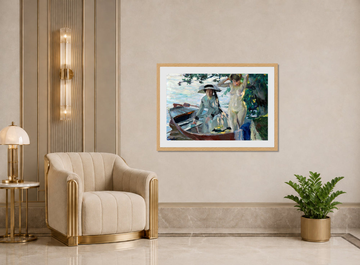 Edward Cucuel Print, Après le bain (1911-12) displayed in an Art Deco interior