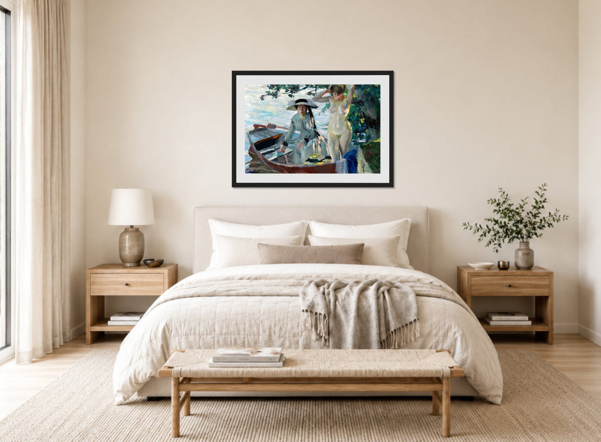 Edward Cucuel Print, Après le bain (1911-12) displayed above a bed