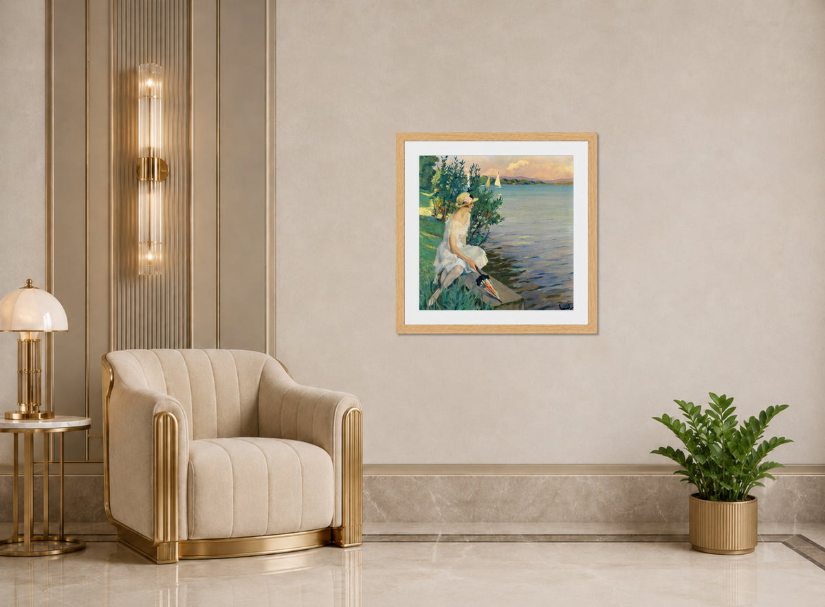 Edward Cucuel Print, Auf der Seemauer (1920) displayed in an Art Deco interior