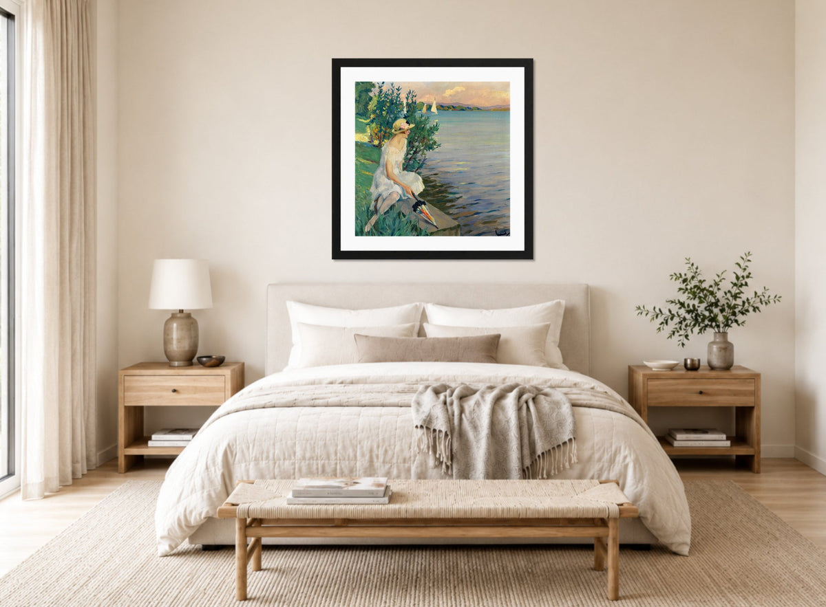 Edward Cucuel Print, Auf der Seemauer (1920) displayed above a bed