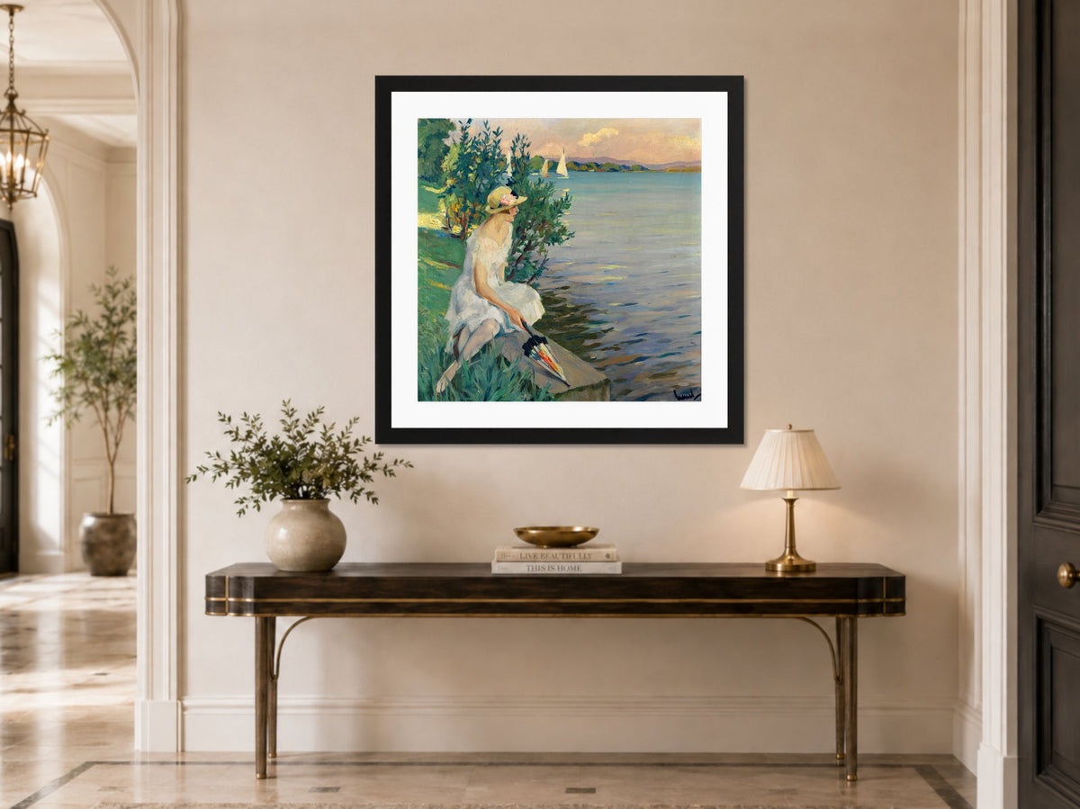 Edward Cucuel Print, Auf der Seemauer (1920) displayed above a console table