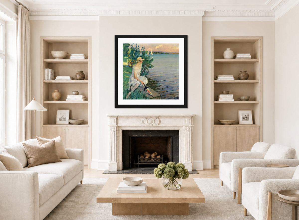 Edward Cucuel Print, Auf der Seemauer (1920) displayed in a Scandinavian living room
