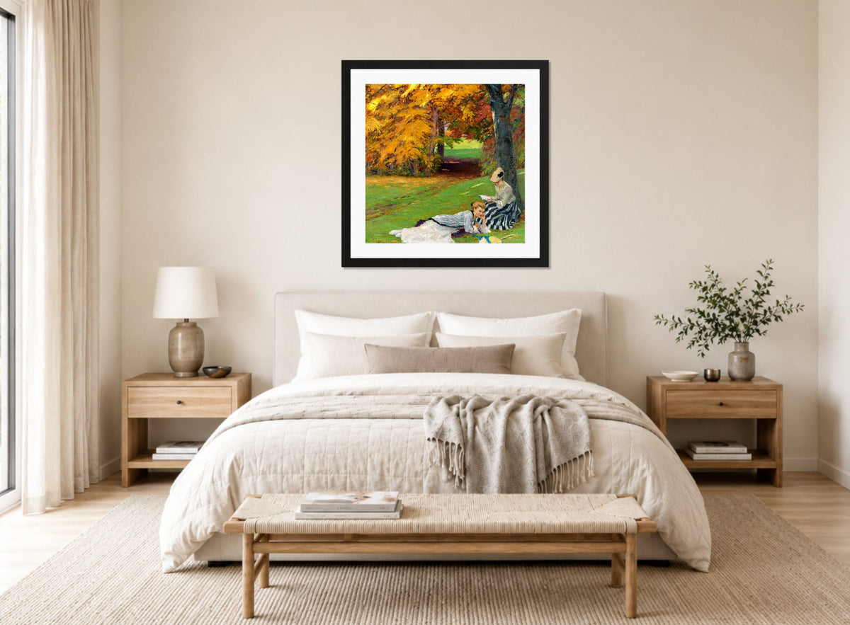 Edward Cucuel Print, Beautiful autumn afternoon (1915) displayed above a bed
