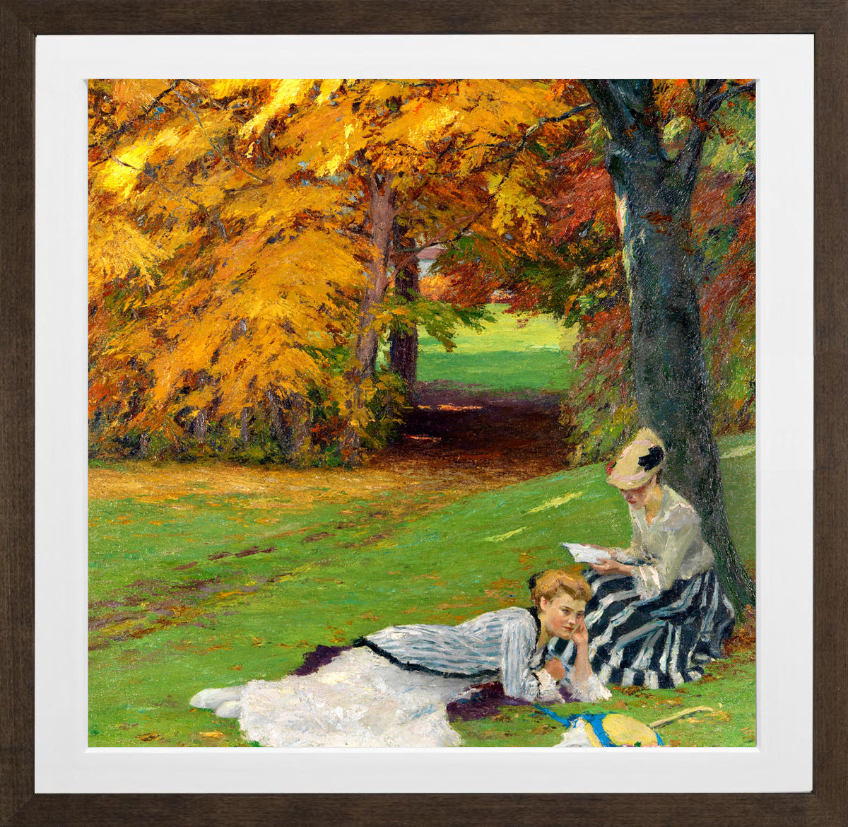 Edward Cucuel Print, Beautiful autumn afternoon (1915) in a brown frame