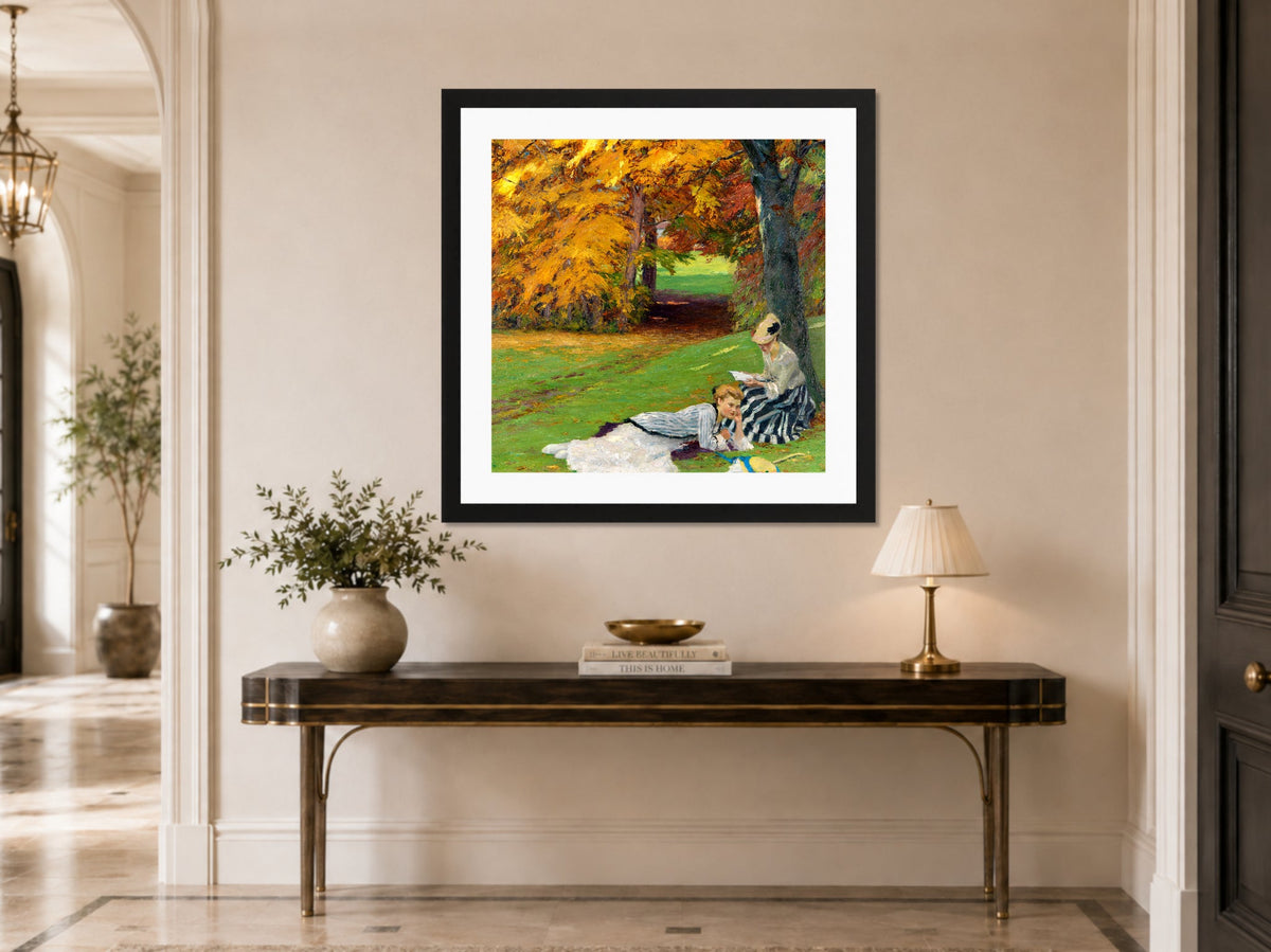 Edward Cucuel Print, Beautiful autumn afternoon (1915) displayed above a console table