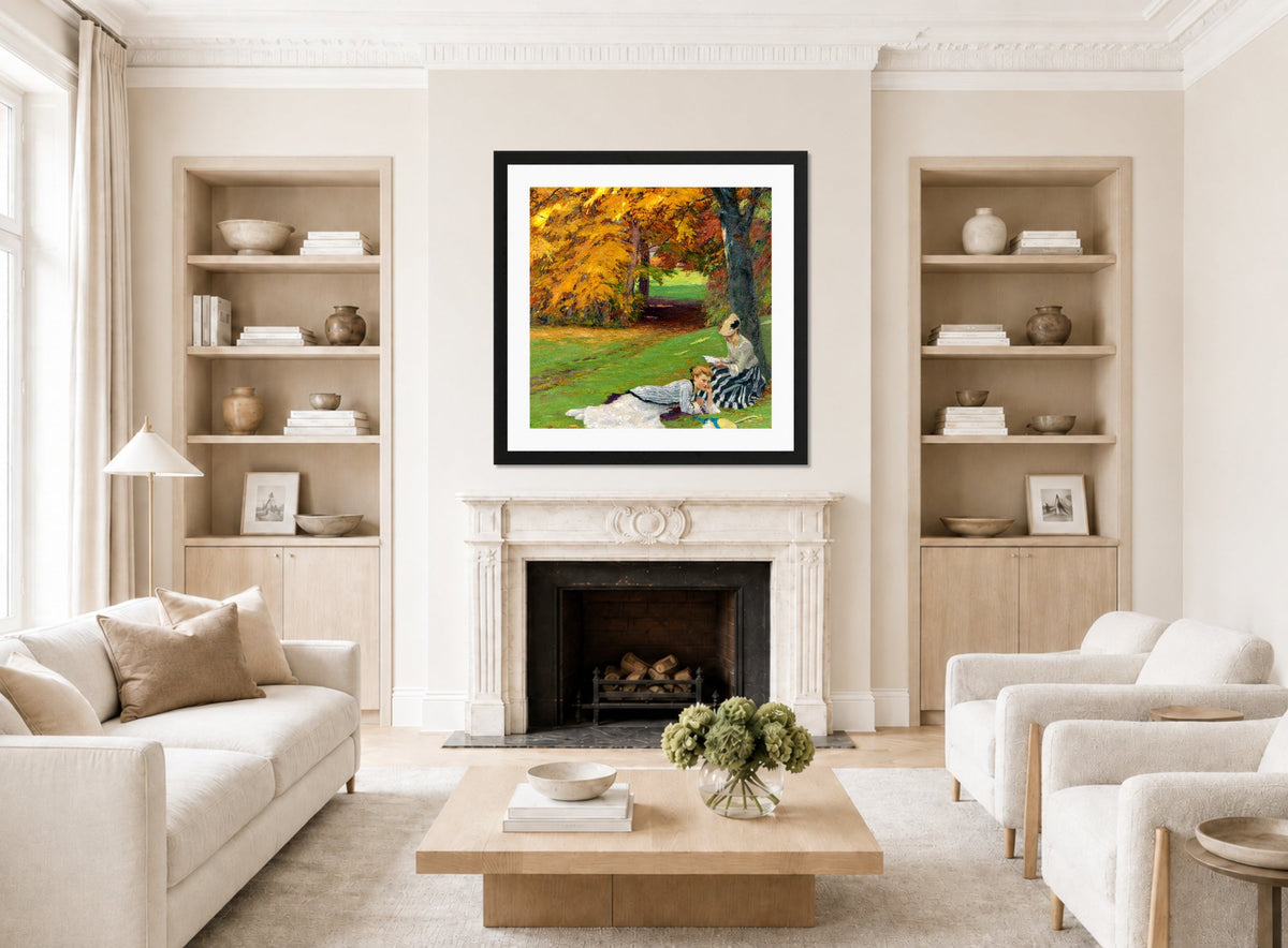 Edward Cucuel Print, Beautiful autumn afternoon (1915) displayed in a Scandinavian living room