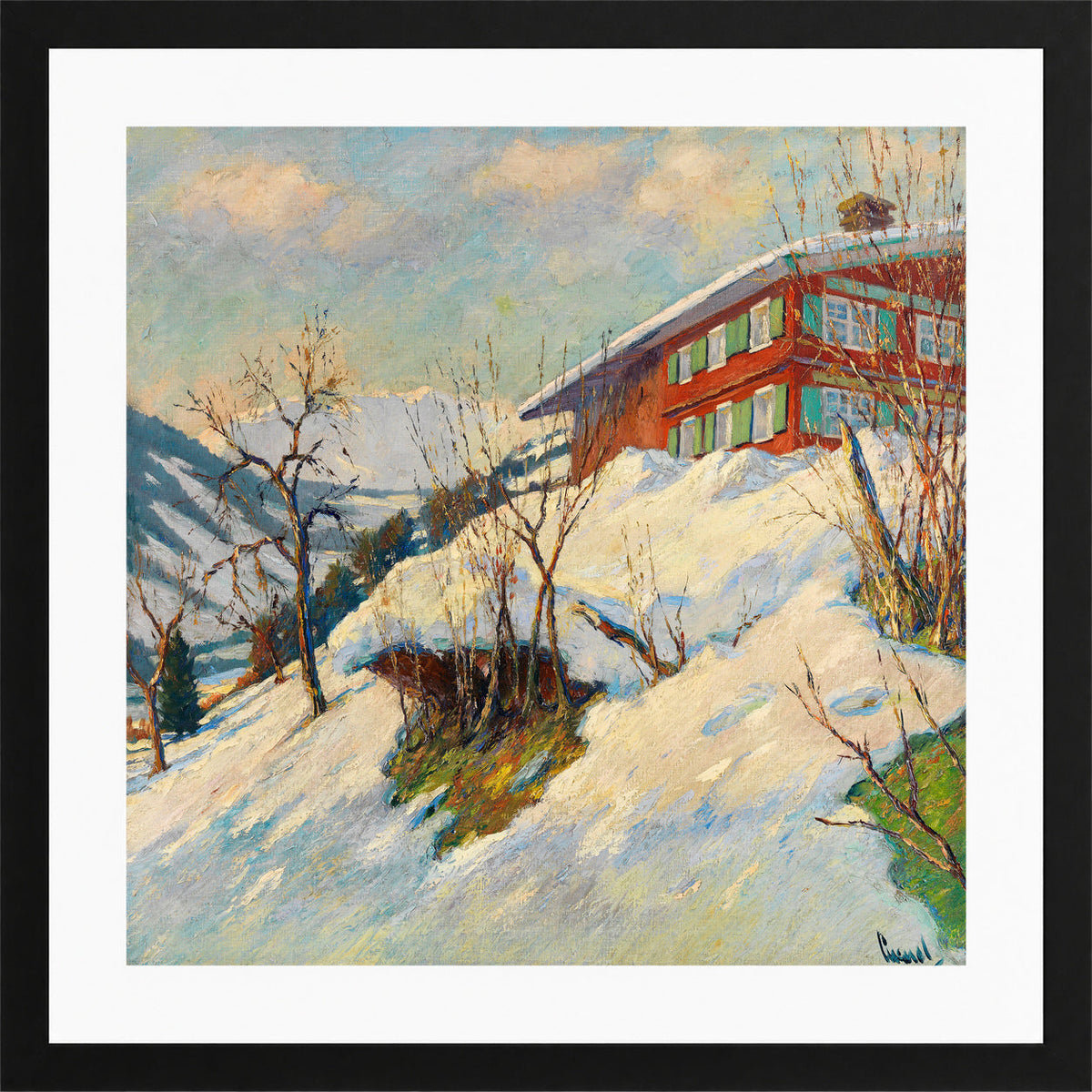 Edward Cucuel Print, Beautiful winter day (1920) in a black frame