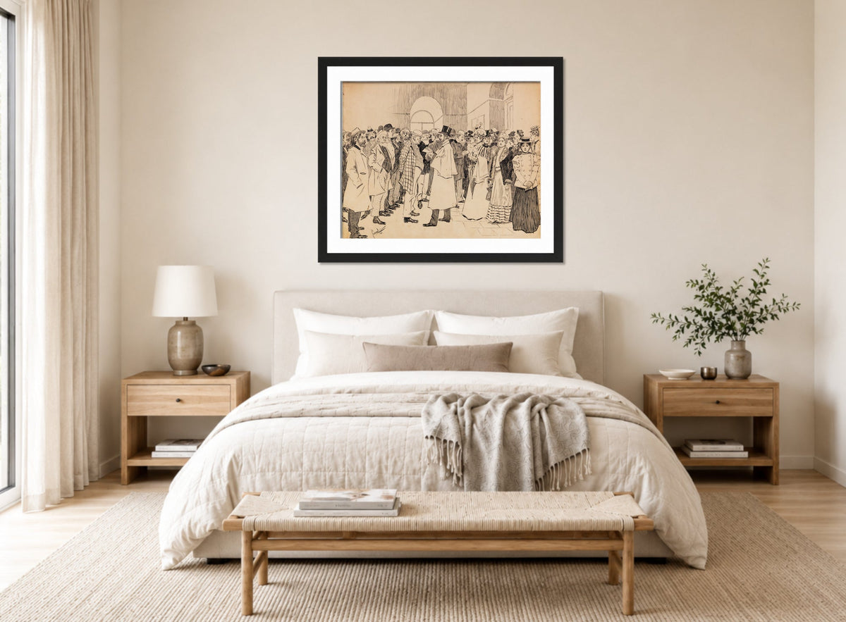 Edward Cucuel Print, Dresdener Kunstausstellung (1901) displayed above a bed