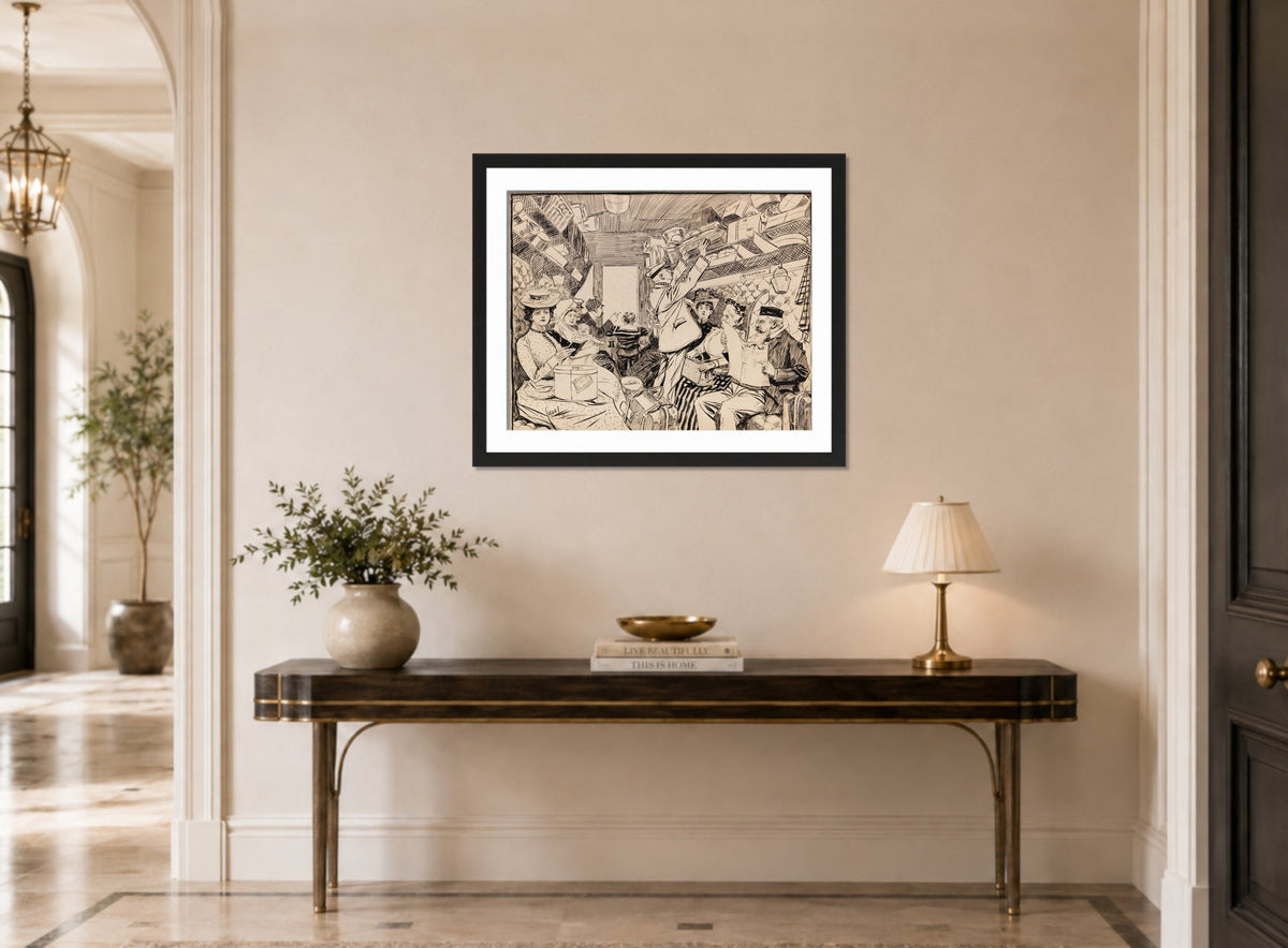 Edward Cucuel Print, Eisenbahnabteil (1901) displayed above a console table