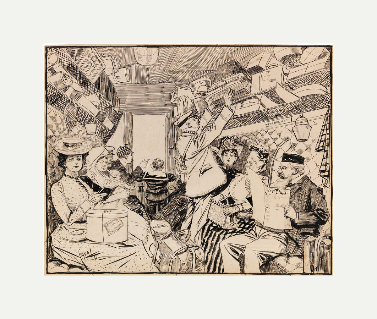 Edward Cucuel Print, Eisenbahnabteil (1901) with an off-white border for rolled canvas