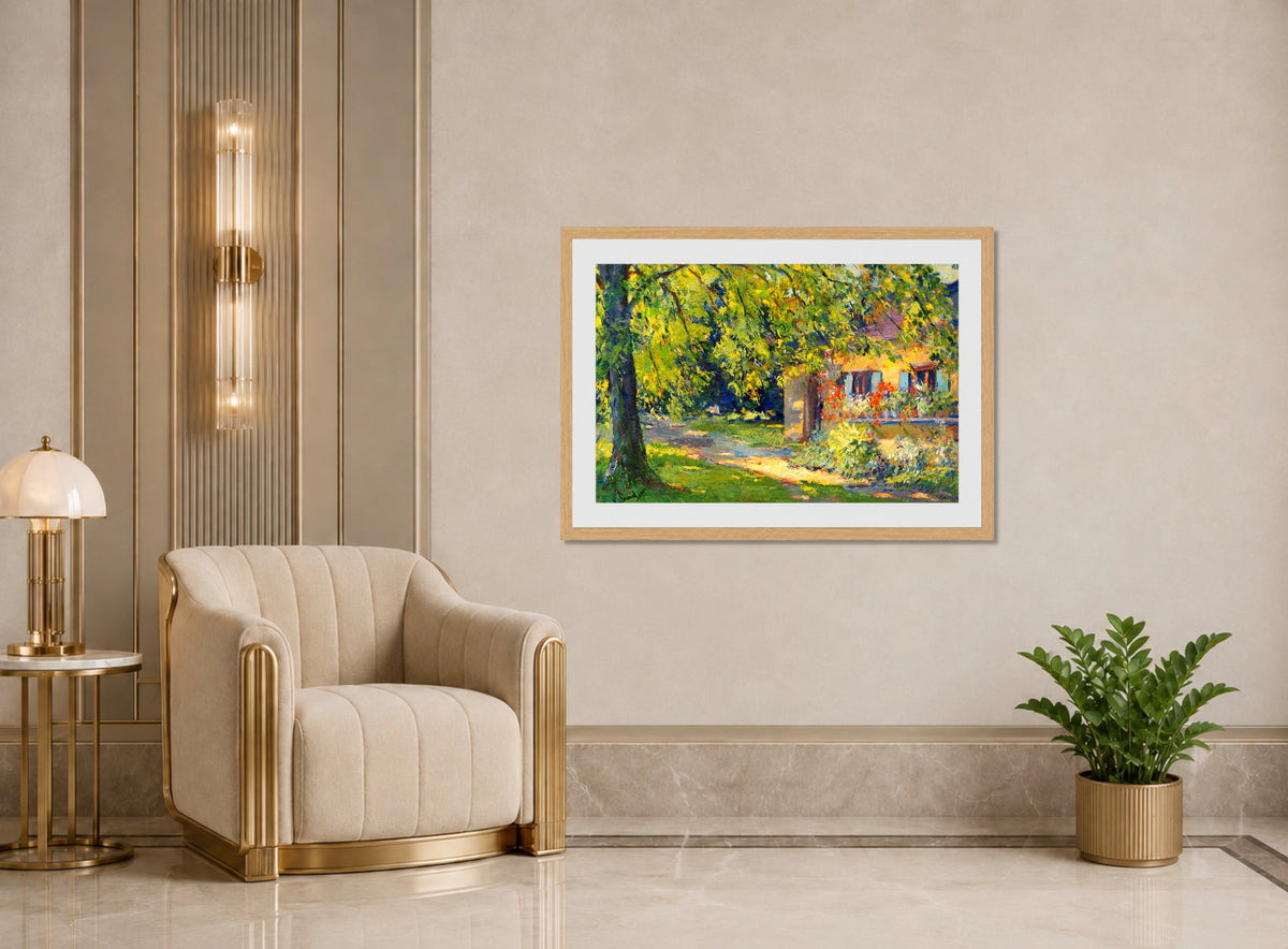 Edward Cucuel Print, Frühlingsgarten in Starnberg (1920) displayed in an Art Deco interior
