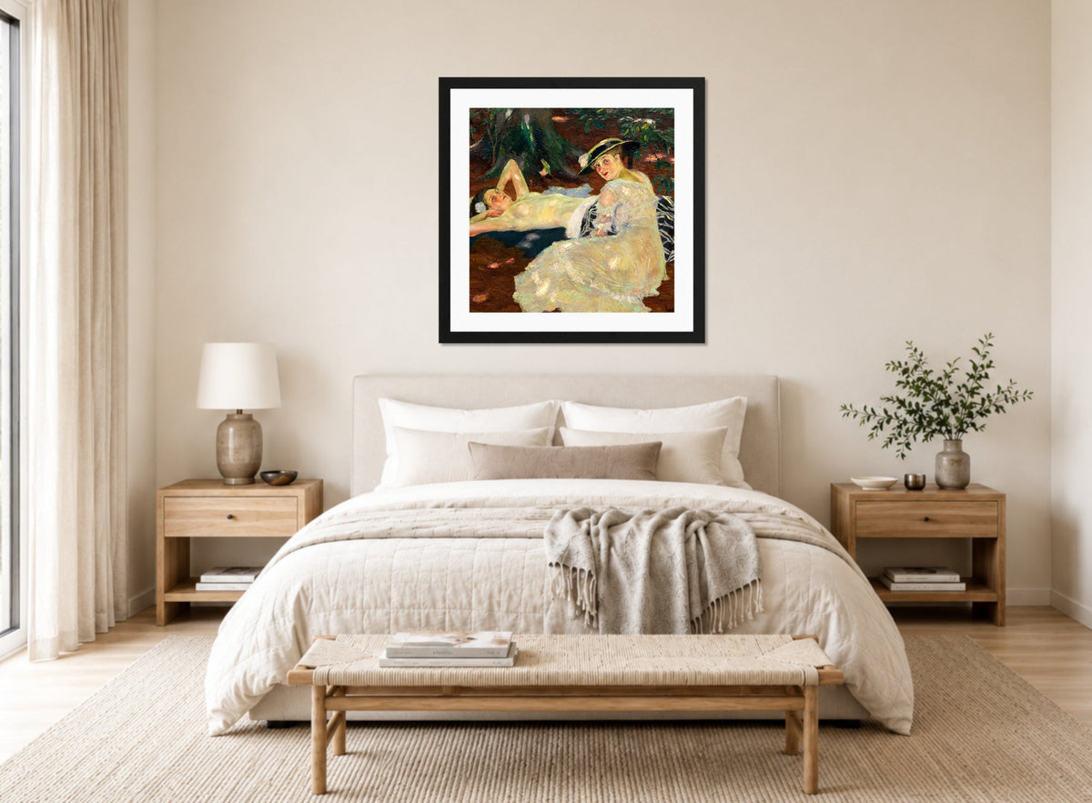 Edward Cucuel Print, Hot Day (Two Ladies Beneath the Trees) (1915) displayed above a bed