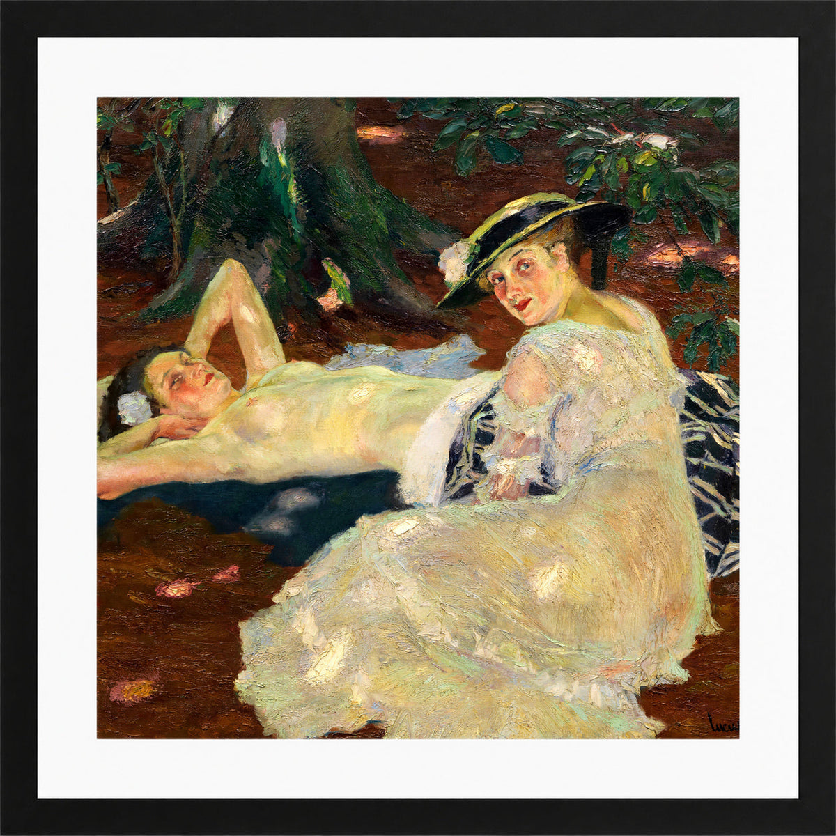 Edward Cucuel Print, Hot Day (Two Ladies Beneath the Trees) (1915) in a black frame