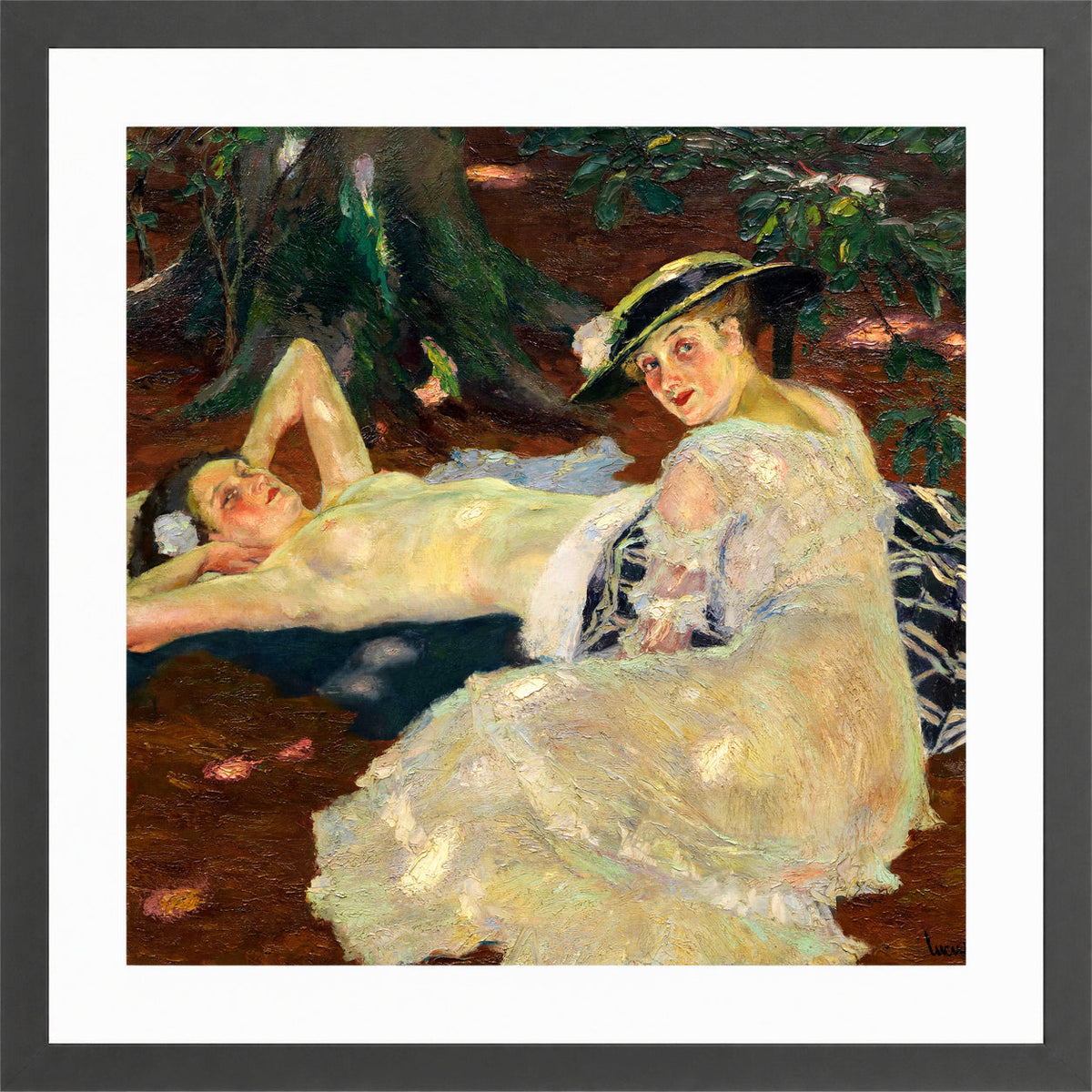 Edward Cucuel Print, Hot Day (Two Ladies Beneath the Trees) (1915) in a dark grey frame