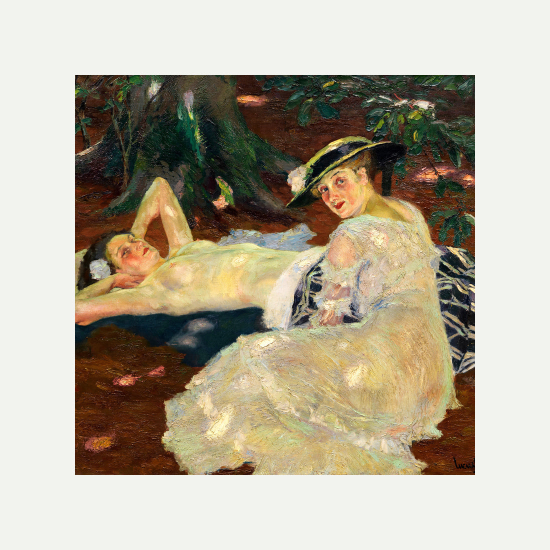 Edward Cucuel Print, Hot Day (Two Ladies Beneath the Trees) (1915) with an off-white border for rolled canvas
