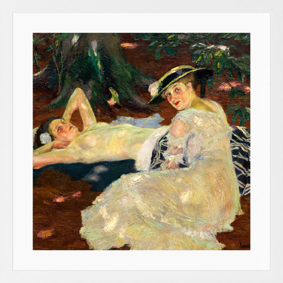 Edward Cucuel Print, Hot Day (Two Ladies Beneath the Trees) (1915) in a white frame