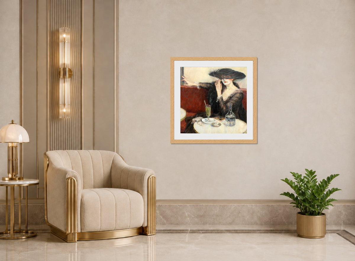 Edward Cucuel Print, Im Café (1910-1920) displayed in an Art Deco interior
