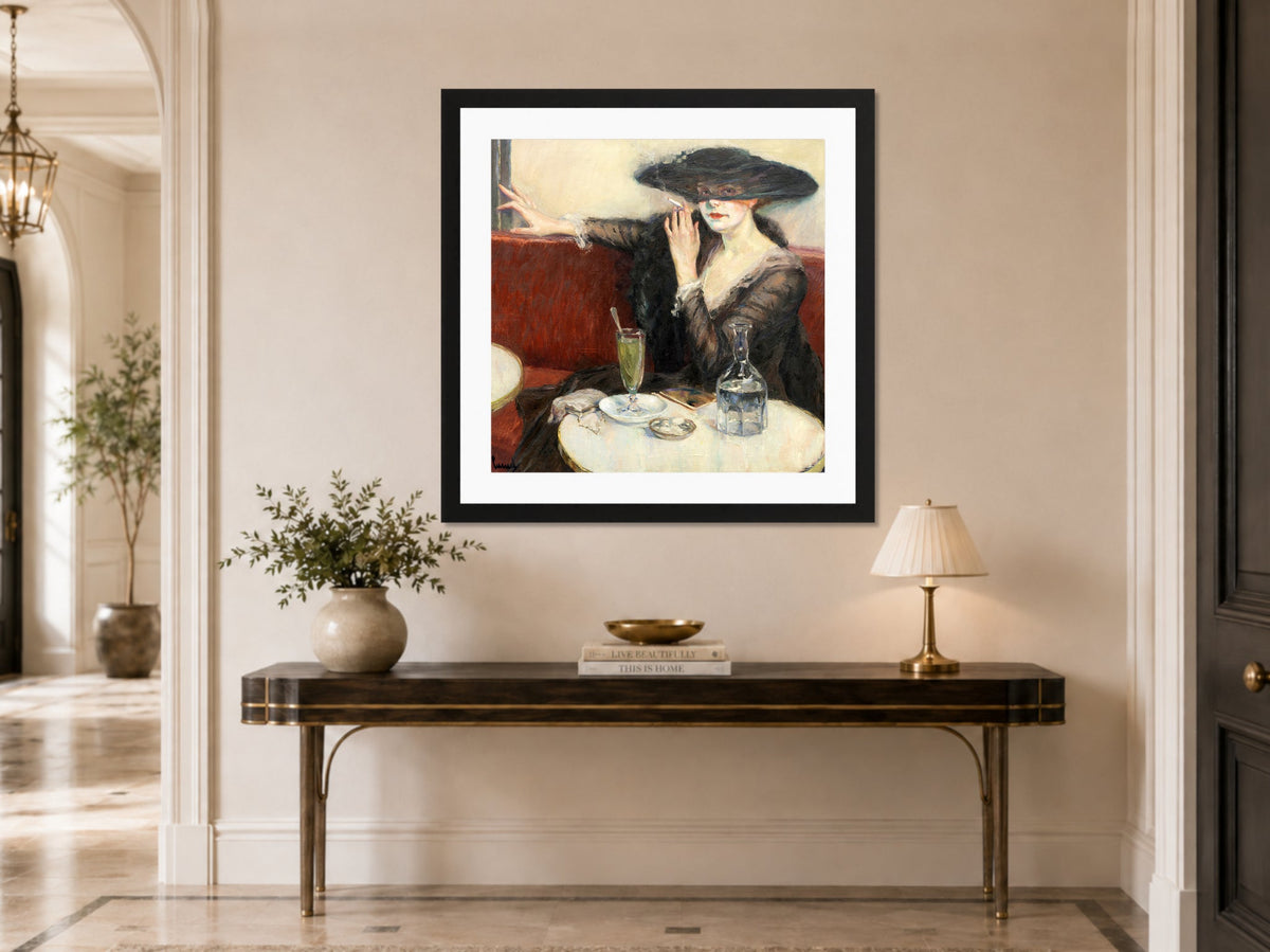 Edward Cucuel Print, Im Café (1910-1920) displayed above a console table
