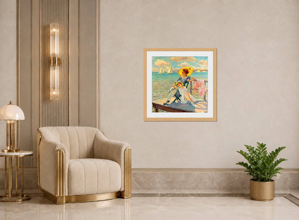 Edward Cucuel Print, In the sun (1920-1925) displayed in an Art Deco interior