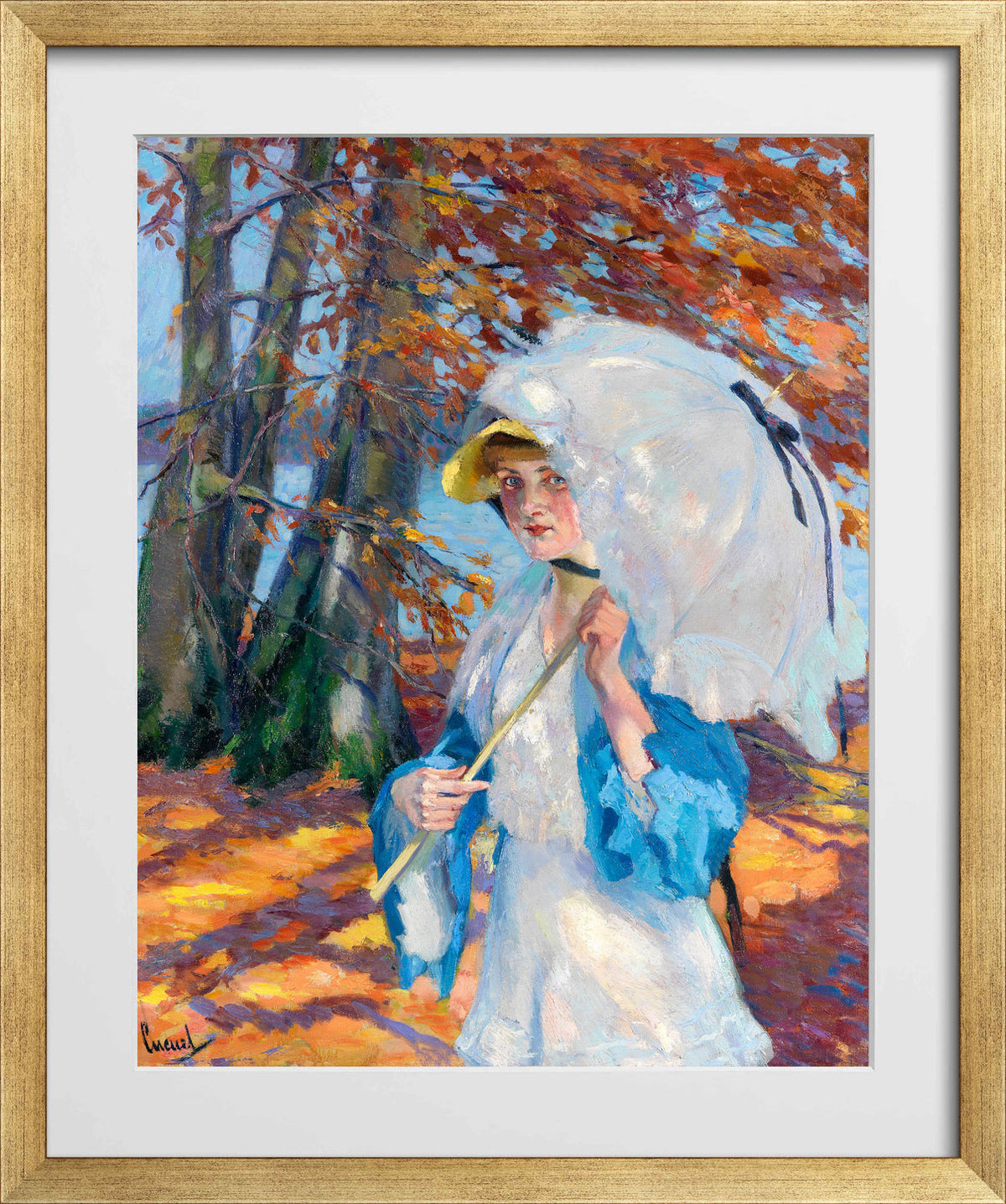Edward Cucuel Print, Lady with parasol at Ammersee (1914-1918) in a gold frame