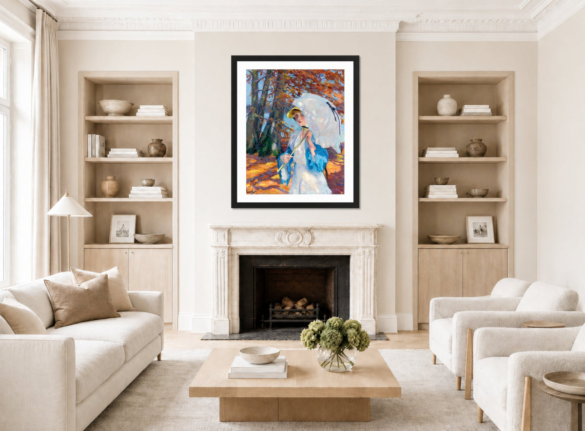 Edward Cucuel Print, Lady with parasol at Ammersee (1914-1918) displayed in a Scandinavian living room