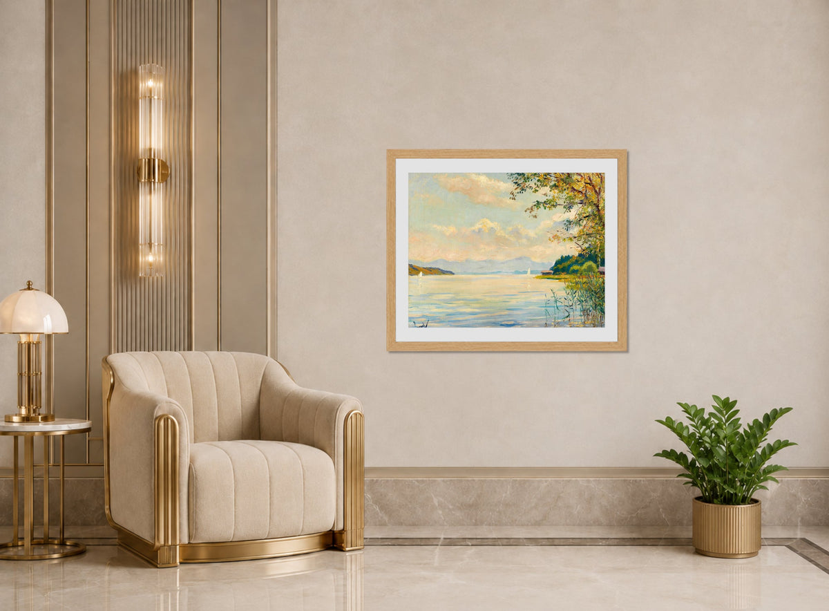 Edward Cucuel Print, Lake Starnberg – distant view (1920) displayed in an Art Deco interior