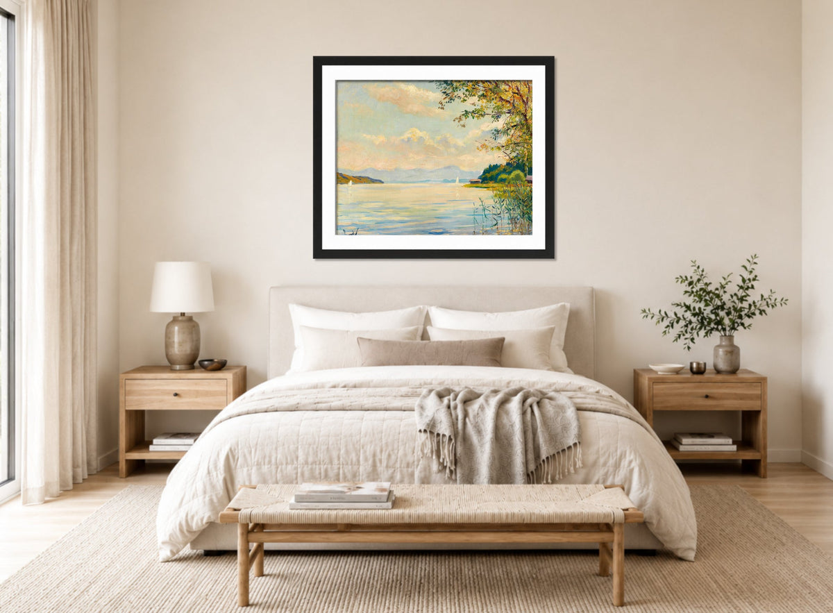Edward Cucuel Print, Lake Starnberg – distant view (1920) displayed above a bed