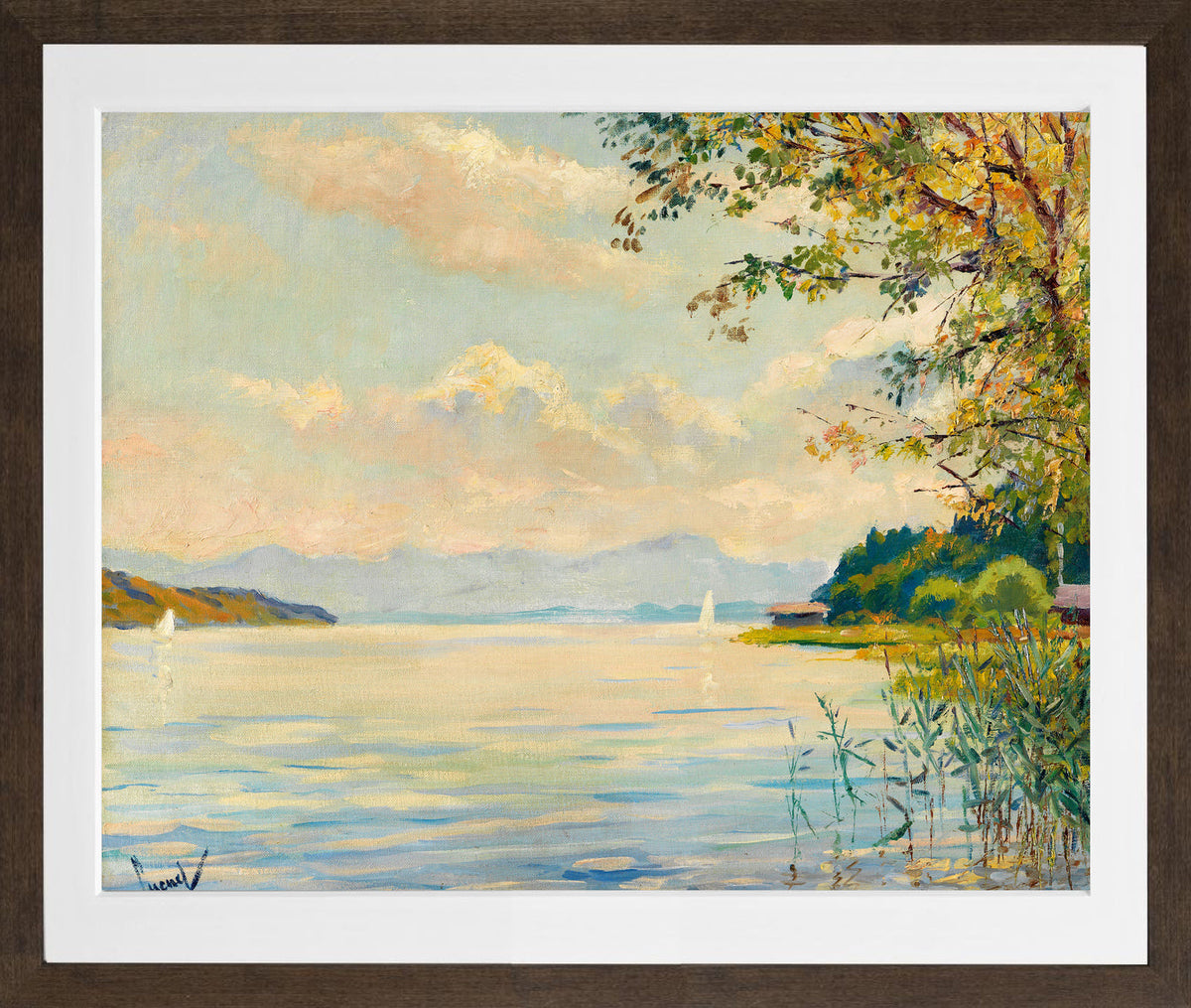 Edward Cucuel Print, Lake Starnberg – distant view (1920) in a brown frame