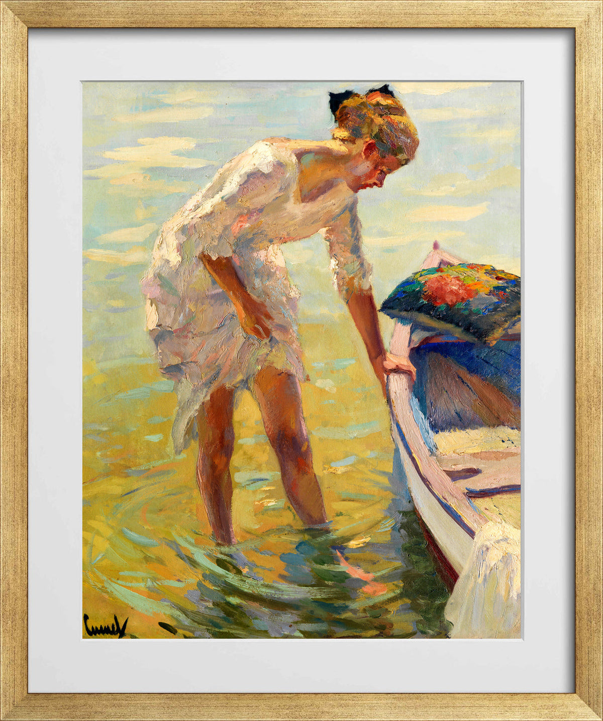 Edward Cucuel Print, On the shore (1920) in a gold frame