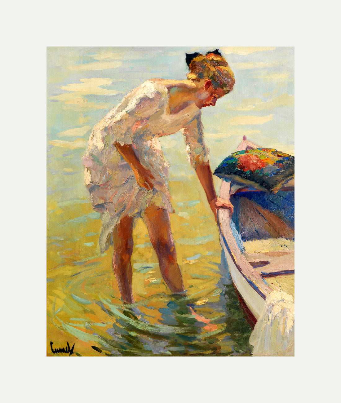 Edward Cucuel Print, On the shore (1920) with an off-white border for rolled canvas