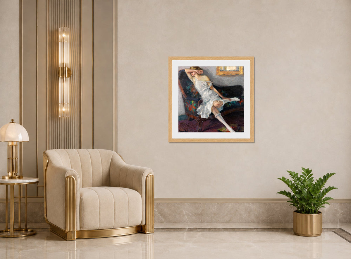Edward Cucuel Print, Shy (1922) displayed in an Art Deco interior