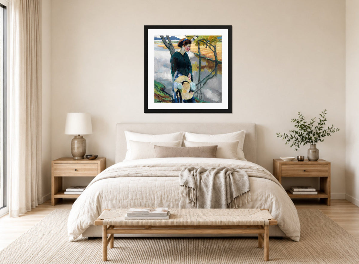 Edward Cucuel Print, Spätsommer (1911) displayed above a bed