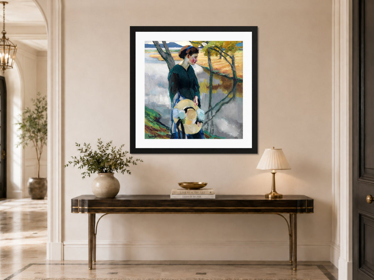 Edward Cucuel Print, Spätsommer (1911) displayed above a console table