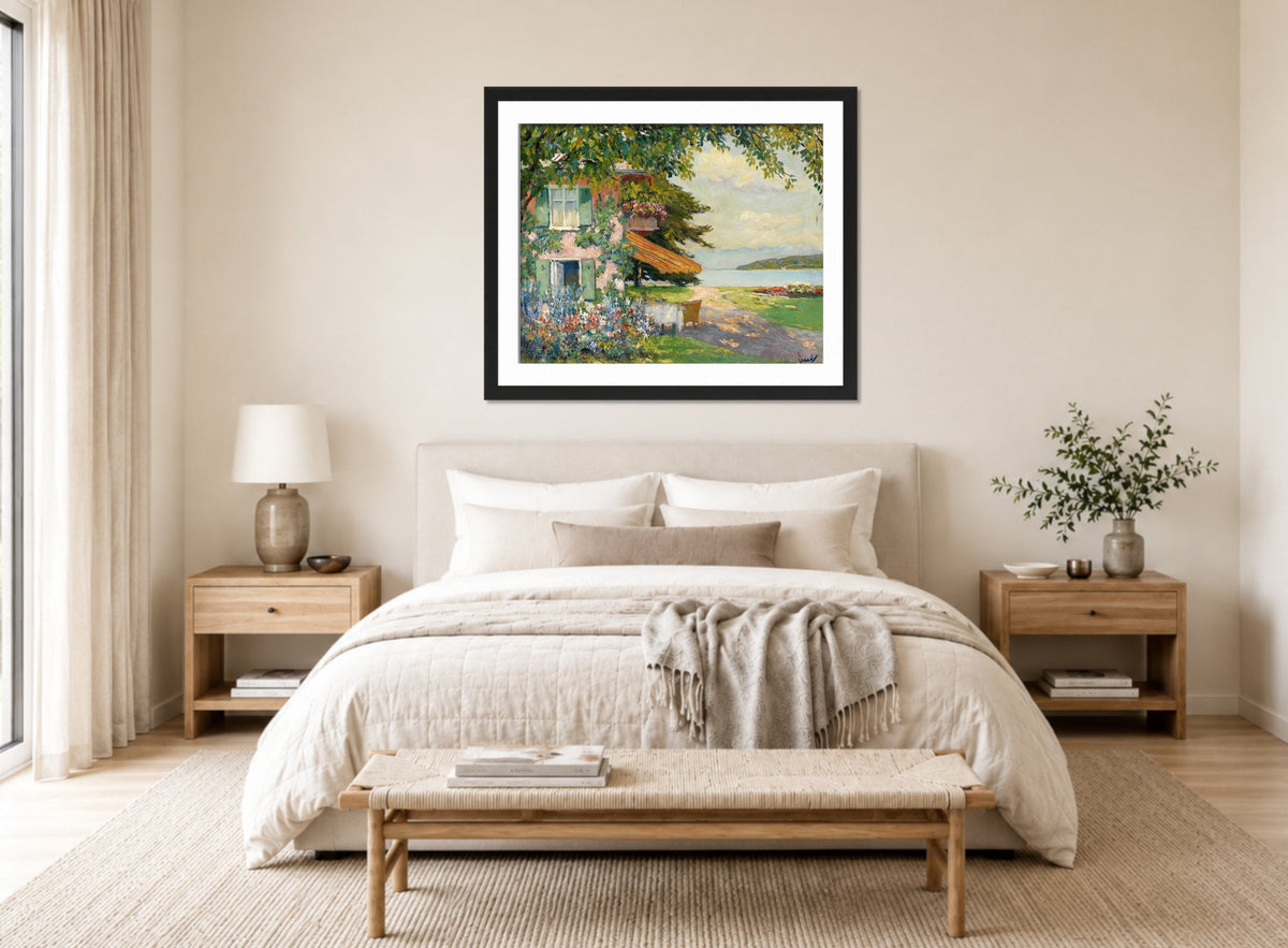 Edward Cucuel Print, Spring Garden in Starnberg (1920) displayed above a bed