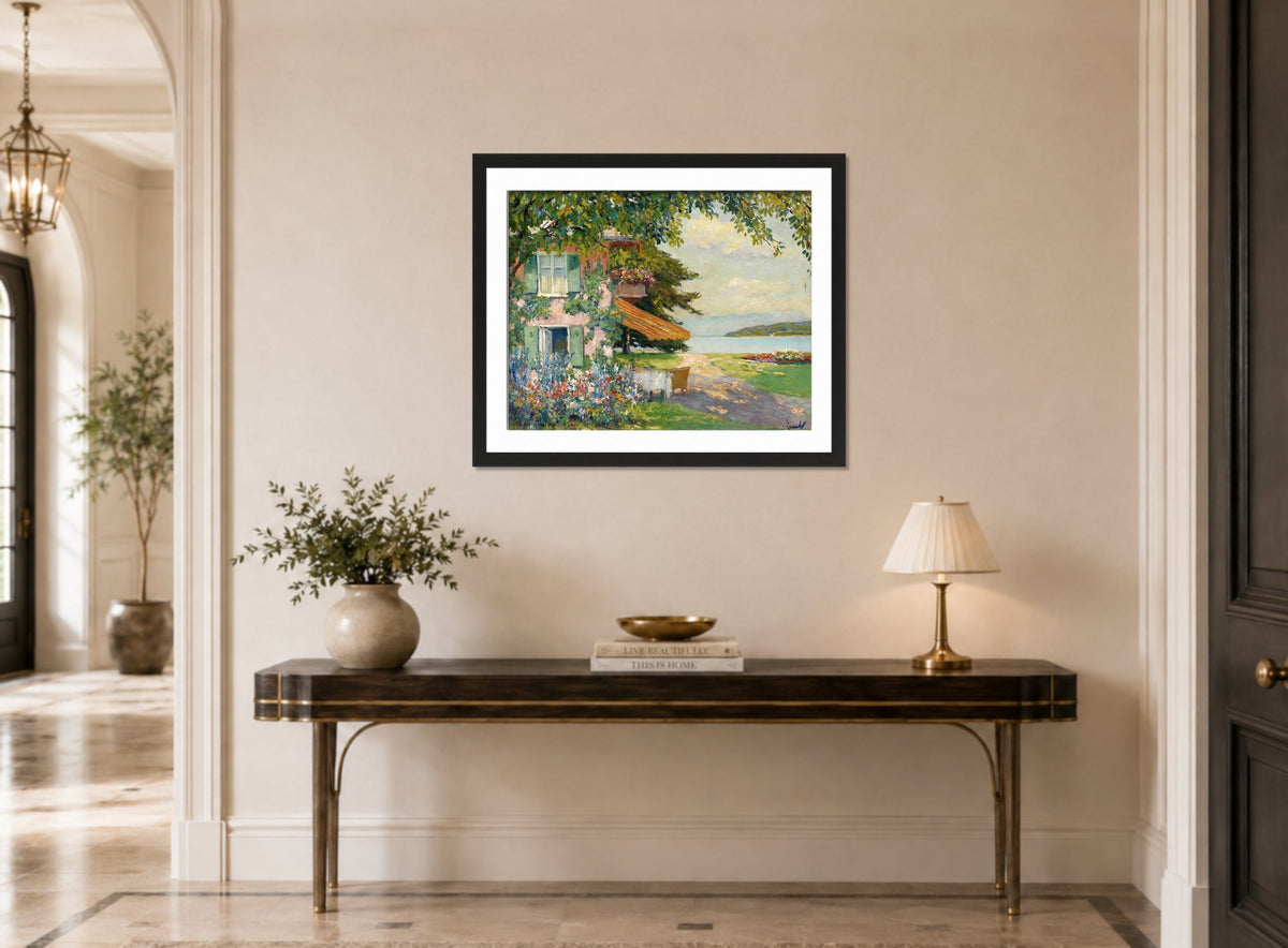 Edward Cucuel Print, Spring Garden in Starnberg (1920) displayed above a console table