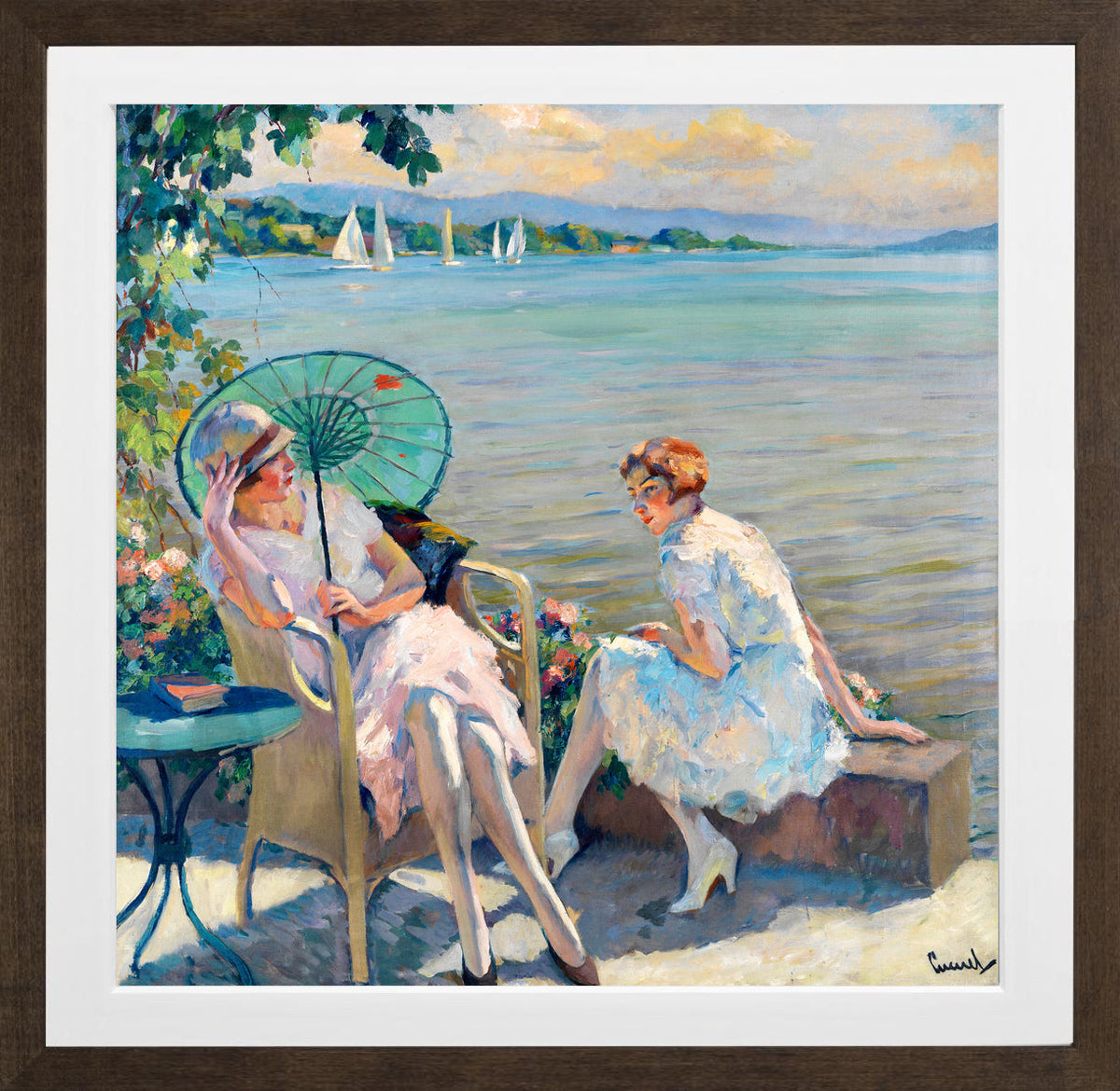 Edward Cucuel Print, Summer afternoon at the lake (1920) in a brown frame