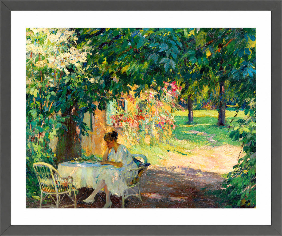 Edward Cucuel Print, Summer in the garden of the artist’s villa on Lake Starnberg (1920) in a dark grey frame