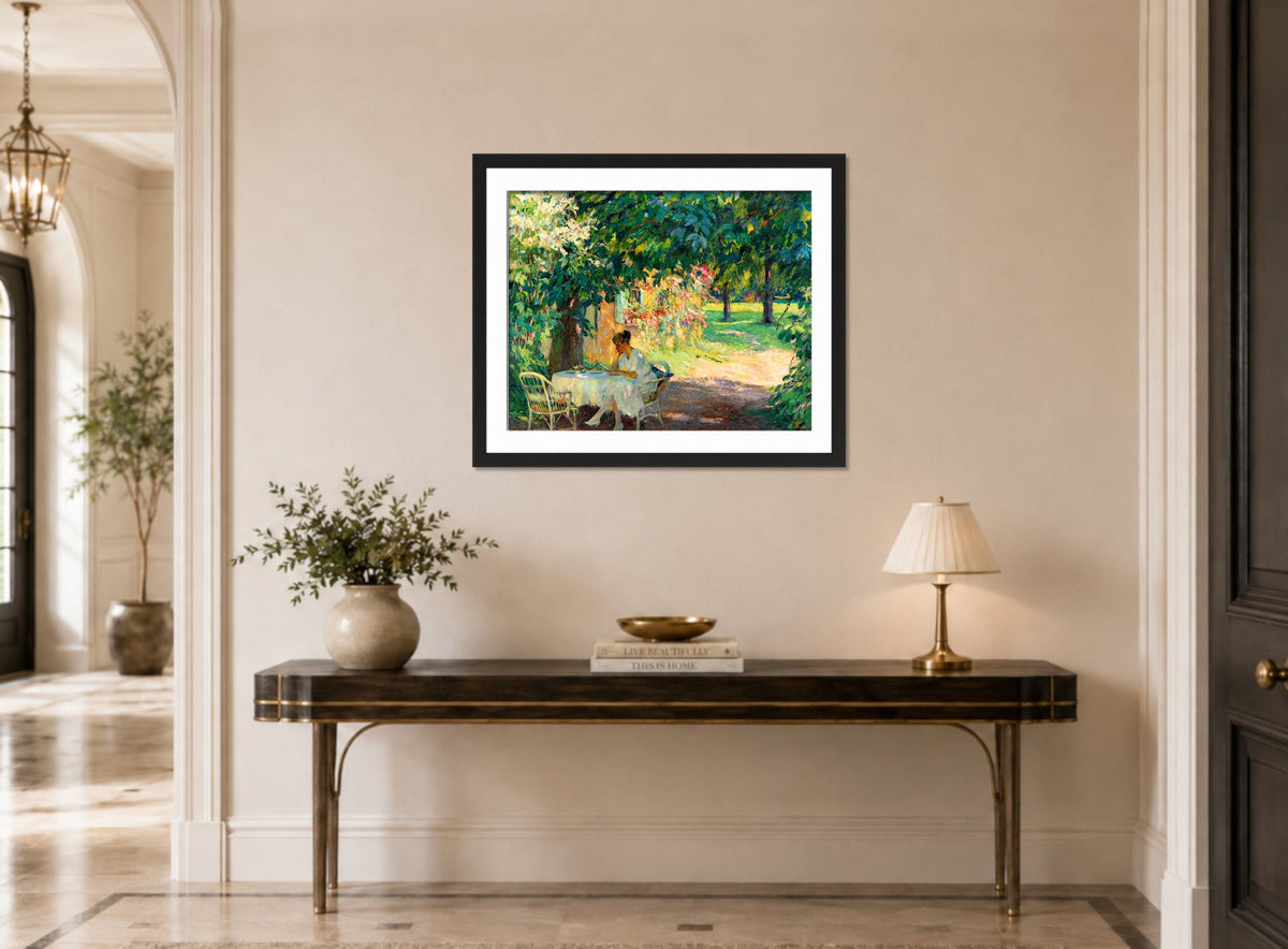 Edward Cucuel Print, Summer in the garden of the artist’s villa on Lake Starnberg (1920) displayed above a console table
