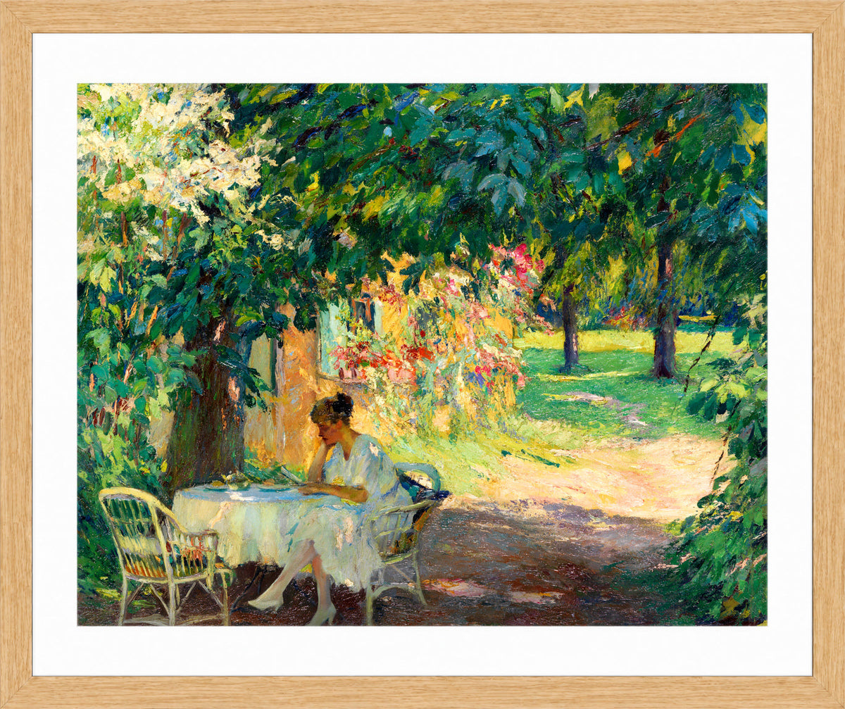 Edward Cucuel Print, Summer in the garden of the artist’s villa on Lake Starnberg (1920) in an oak frame