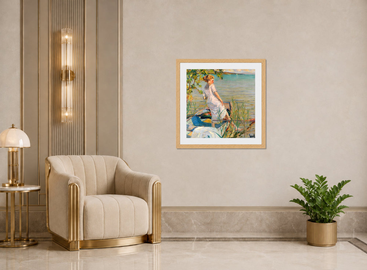 Edward Cucuel Print, Summer morning on Lake Starnberg (1920-25) displayed in an Art Deco interior