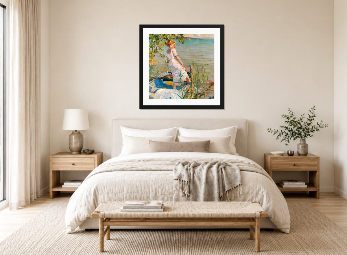 Edward Cucuel Print, Summer morning on Lake Starnberg (1920-25) displayed above a bed