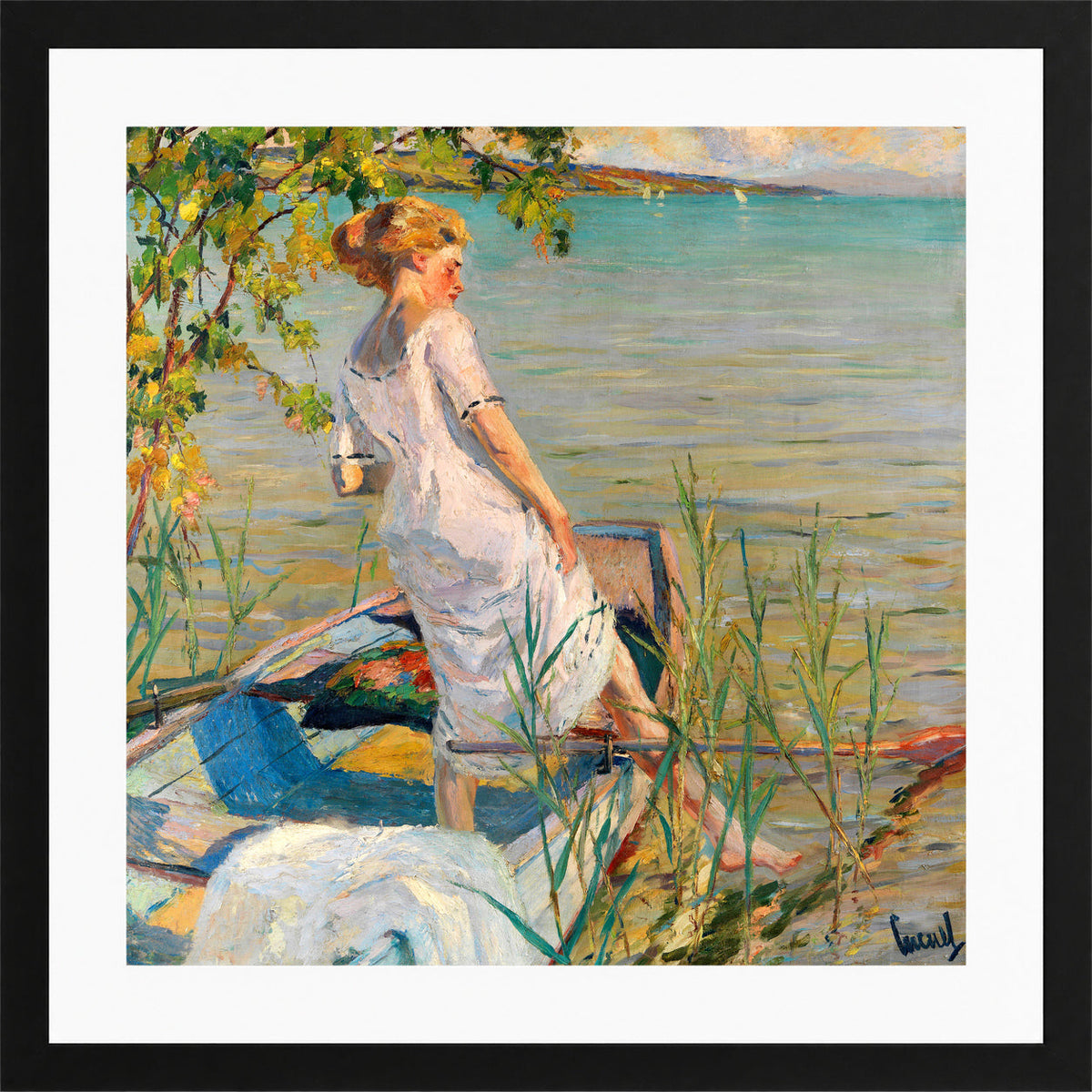 Edward Cucuel Print, Summer morning on Lake Starnberg (1920-25) in a black frame
