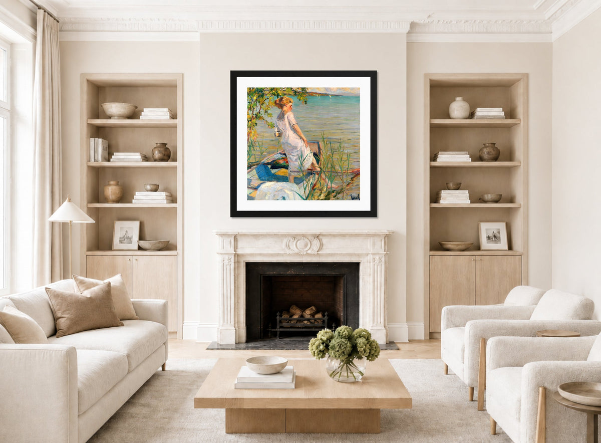 Edward Cucuel Print, Summer morning on Lake Starnberg (1920-25) displayed in a Scandinavian living room