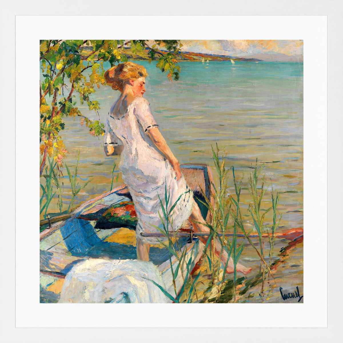 Edward Cucuel Print, Summer morning on Lake Starnberg (1920-25) in a white frame